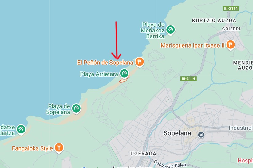 mapa con la ubicación exacta de la playa de sopelana
