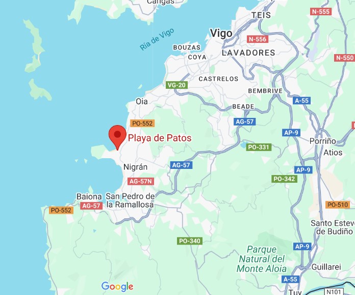 mapa con la ubicación de la playa de Patos en Vigo
