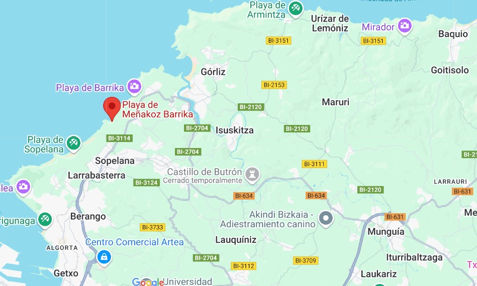 mapa con ubicación de la cala de Meñakoz para hacer surf en Sopelana