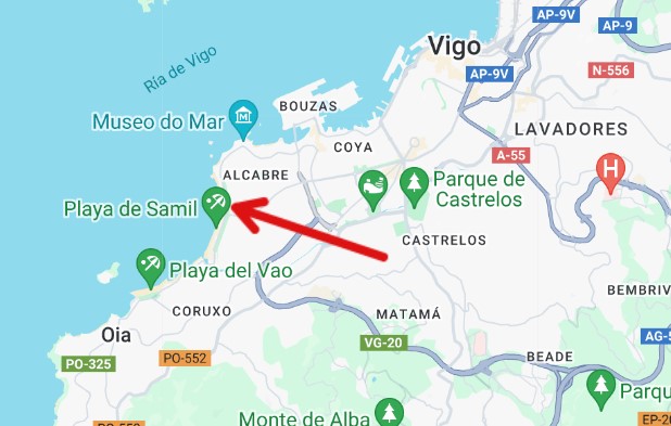 mapa con la ubicación de la playa de Samil en Vigo